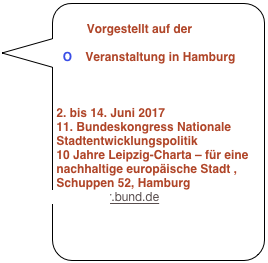 Vorgestellt auf der
O Veranstaltung in Hamburg
2. bis 14. Juni 2017
11. Bundeskongress Nationale Stadtentwicklungspolitik
10 Jahre Leipzig-Charta – für eine nachhaltige europäische Stadt , Schuppen 52, Hamburg www.bbsr.bund.de